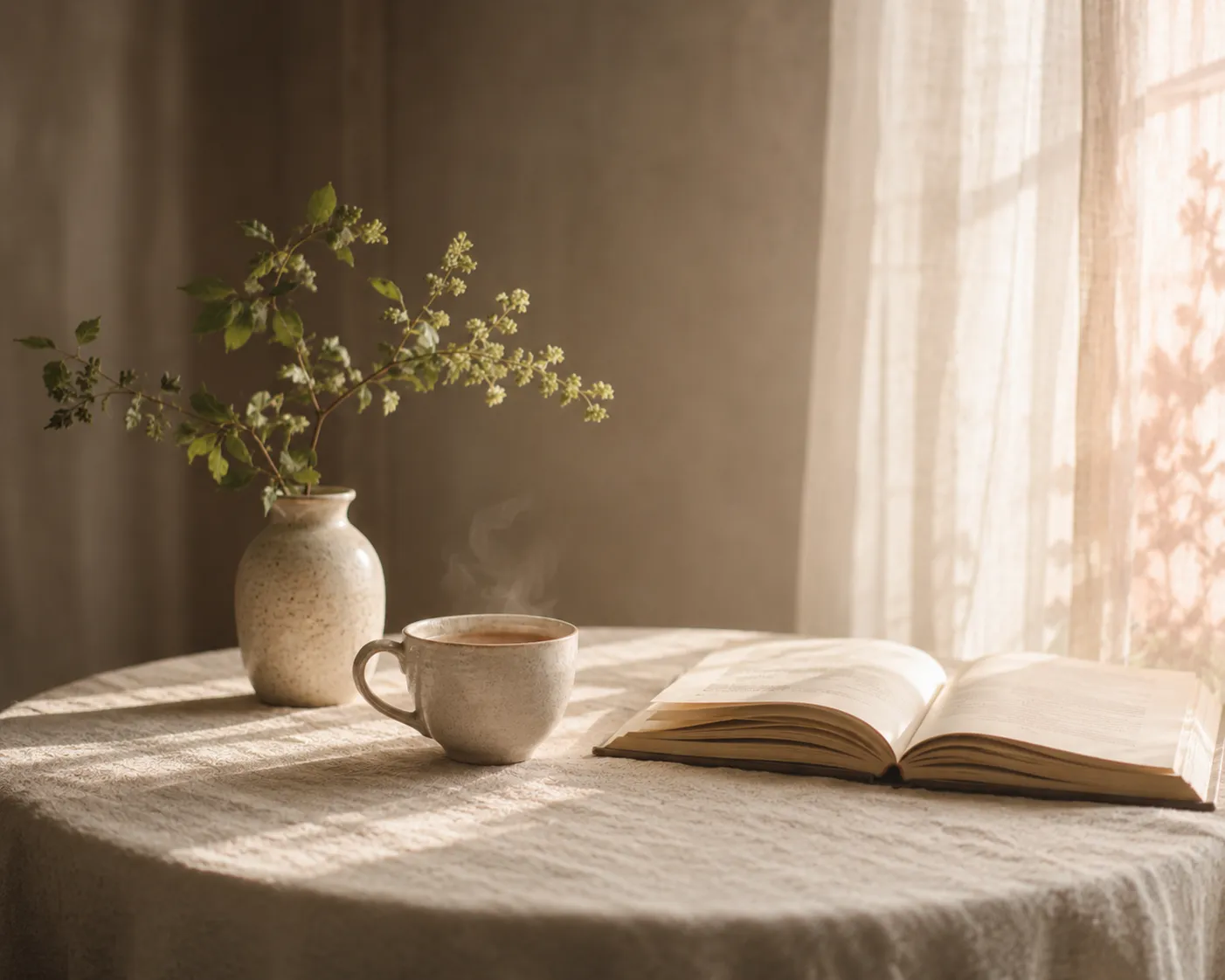 Keramisk kop med kaffe på et bord med blødt dagslys